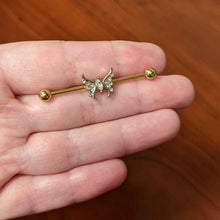 Load image into Gallery viewer, 14G Clear Gem Gold Tone Swirl Butterfly Industrial Barbell 38mm
