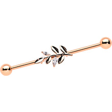 Load image into Gallery viewer, 14G Clear CZ Gem Rose Gold Hue Simple Leaf Industrial Barbell 38mm