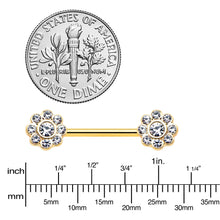 Load image into Gallery viewer, 14G 9/16 Clear Gem Gold Tone Whimsy Flower Barbell Nipple Ring Set