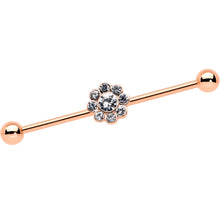 Load image into Gallery viewer, 14G Clear Gem Rose Gold Hue Whimsy Flower Industrial Barbell 38mm