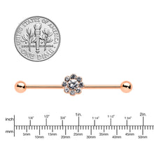 Load image into Gallery viewer, 14G Clear Gem Rose Gold Hue Whimsy Flower Industrial Barbell 38mm