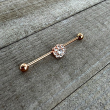 Load image into Gallery viewer, 14G Clear Gem Rose Gold Hue Whimsy Flower Industrial Barbell 38mm