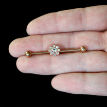 Load image into Gallery viewer, 14G Clear Gem Rose Gold Hue Whimsy Flower Industrial Barbell 38mm