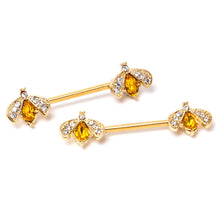 Load image into Gallery viewer, 14G 9/16 Yellow Gem Gold Tone Fashion Bug Barbell Nipple Ring Set