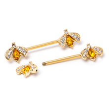 Load image into Gallery viewer, 14G 9/16 Yellow Gem Gold Tone Fashion Bug Barbell Nipple Ring Set
