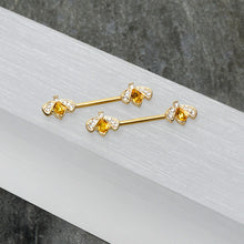 Load image into Gallery viewer, 14G 9/16 Yellow Gem Gold Tone Fashion Bug Barbell Nipple Ring Set