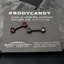 Load image into Gallery viewer, 14G 9/16 Purple Tourmaline Black Lacy Drop Barbell Nipple Ring Set