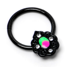 Load image into Gallery viewer, 16G 3/8 Purple Tourmaline Black Lacy Drop Hinged Segment Ring