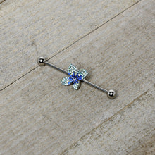 Load image into Gallery viewer, 14G Blue Green Gem Glam Butterfly Industrial Barbell 38mm