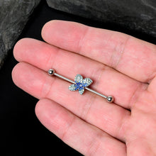 Load image into Gallery viewer, 14G Blue Green Gem Glam Butterfly Industrial Barbell 38mm