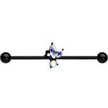 Load image into Gallery viewer, 14G Aurora CZ Gem Black Fleur de Lis Butterfly Industrial Barbell 38mm