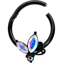 Load image into Gallery viewer, 16G 3/8 Aurora CZ Gem Black Fleur de Lis Butterfly Hinged Segment Ring