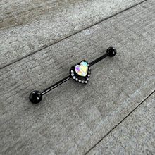 Load image into Gallery viewer, 14G Aurora Clear Gem Black Rococo Heart Industrial Barbell 38mm