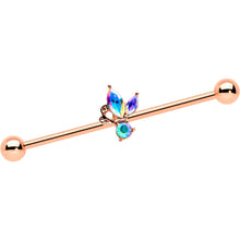 Load image into Gallery viewer, 14G Aurora CZ Gem Rosy Tone Fleur de Lis Butterfly Industrial Barbell 38mm