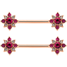 Load image into Gallery viewer, 14G Red Gem Rose Gold Tone Rococo Star Barbell Nipple Ring Set