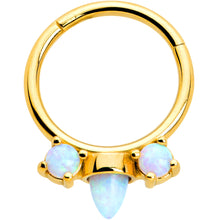 Load image into Gallery viewer, 16G 3/8 White Synthetic Opal Gold Tone Trio Point Hinged Segment Ring