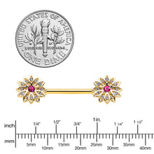 Load image into Gallery viewer, 14G 9/16 Clear Pink Gem Gold Tone Starry Flower Nipple Ring Set