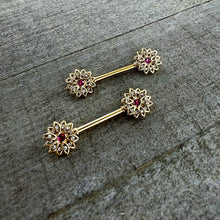 Load image into Gallery viewer, 14G 9/16 Clear Pink Gem Gold Tone Starry Flower Nipple Ring Set