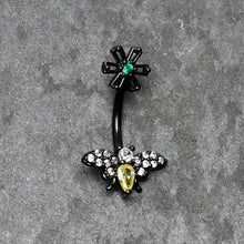 Load image into Gallery viewer, Yellow Clear Green Gem Black Butterfly Flower Double Mount Belly Ring