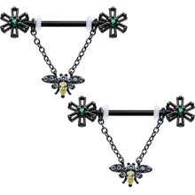 Load image into Gallery viewer, 14G 9/16 Yellow Gem Black Butterfly Chain Dangle Nipple Ring Set