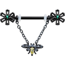 Load image into Gallery viewer, 14G 9/16 Yellow Gem Black Butterfly Chain Dangle Nipple Ring Set