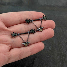 Load image into Gallery viewer, 14G 9/16 Yellow Gem Black Butterfly Chain Dangle Nipple Ring Set