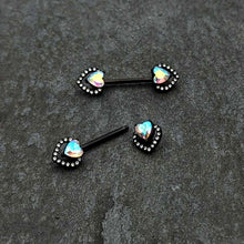 Load image into Gallery viewer, 14 G 9/16 Aurora Gem Black Rococo Heart Barbell Nipple Ring Set