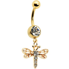 Load image into Gallery viewer, Clear Gem Gold Tone Flying Dragonfly Dangle Belly Ring