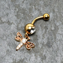 Load image into Gallery viewer, Clear Gem Gold Tone Flying Dragonfly Dangle Belly Ring