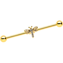 Load image into Gallery viewer, 14G Clear Gem Gold Tone Flying Dragonfly Industrial Barbell 38mm