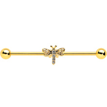 Load image into Gallery viewer, 14G Clear Gem Gold Tone Flying Dragonfly Industrial Barbell 38mm