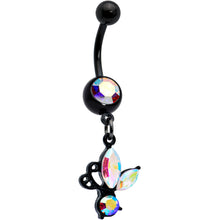Load image into Gallery viewer, Aurora Gem Black Fleur de Lis Butterfly Dangle Belly Ring