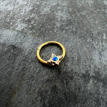 Load image into Gallery viewer, 16G 3/8 Blue Synthetic Opal Gold Hue Rhombus Hinged Segment Ring