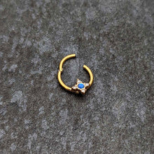 Load image into Gallery viewer, 16G 3/8 Blue Synthetic Opal Gold Hue Rhombus Hinged Segment Ring