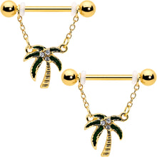 Load image into Gallery viewer, 14G 9/16 Clear Gem Gold Hue Palm Tree Style Dangle Nipple Ring Set