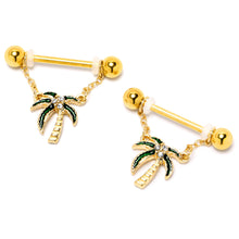 Load image into Gallery viewer, 14G 9/16 Clear Gem Gold Hue Palm Tree Style Dangle Nipple Ring Set