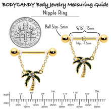 Load image into Gallery viewer, 14G 9/16 Clear Gem Gold Hue Palm Tree Style Dangle Nipple Ring Set