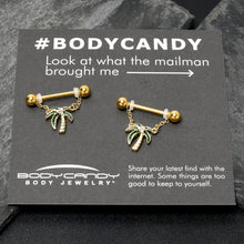 Load image into Gallery viewer, 14G 9/16 Clear Gem Gold Hue Palm Tree Style Dangle Nipple Ring Set
