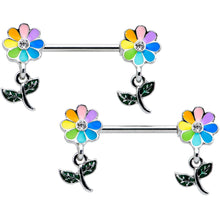 Load image into Gallery viewer, 14G 9/16 Clear Gem Pride Rainbow Flower Dangle Nipple Ring Set