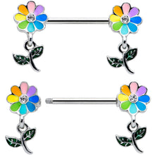 Load image into Gallery viewer, 14G 9/16 Clear Gem Pride Rainbow Flower Dangle Nipple Ring Set