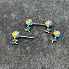 Load image into Gallery viewer, 14G 9/16 Clear Gem Pride Rainbow Flower Dangle Nipple Ring Set