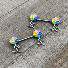 Load image into Gallery viewer, 14G 9/16 Clear Gem Pride Rainbow Flower Dangle Nipple Ring Set
