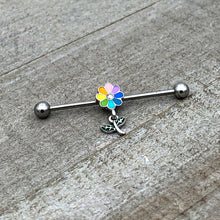 Load image into Gallery viewer, 14G Clear Gem Pride Rainbow Flower Dangle Industrial Barbell 38mm
