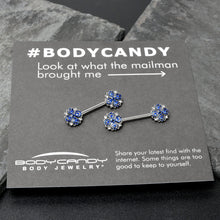 Load image into Gallery viewer, 14G 9/16 Clear Blue Gem Embellished Cross Barbell Nipple Ring Set