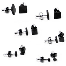 Load image into Gallery viewer, 3mm-8mm Square Stud Black 316L Stainless Steel Earrings 6 Pack