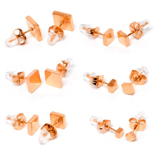 Load image into Gallery viewer, 3mm-8mm Square Stud Rose Gold Tone 316L Stainless Steel Earrings 6 Pack