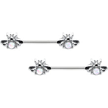 Load image into Gallery viewer, 14G 9/16 White Faux Opal Bee Beauty Insect Barbell Nipple Ring Set