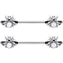 Load image into Gallery viewer, 14G 9/16 White Faux Opal Bee Beauty Insect Barbell Nipple Ring Set