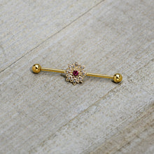 Load image into Gallery viewer, 14G Clear Pink Gem Gold Tone Starry Flower Industrial Barbell 38mm