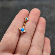 Load image into Gallery viewer, Blue Synthetic Opal Gold Tone Rhombus Duo Double Mount Belly Ring